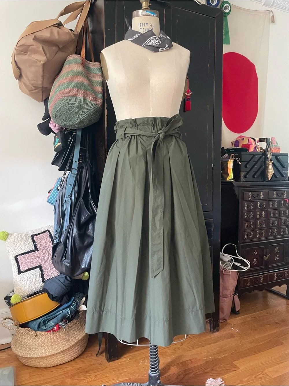 Uniqlo Olive Green Paperbag-Waist Midi Skirt with Self-Tie Belt